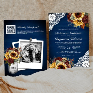 Burgunder Rosen Sonnenblume Navy Spitze QR Code Ho Einladung