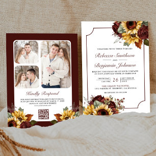 Burgunder Rosen Sonnenblumen Foto QR Code Hochzeit Einladung