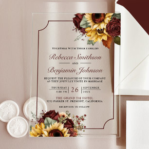 Burgunder Rosen Sonnenblumen Hochzeit Acryleinladungen