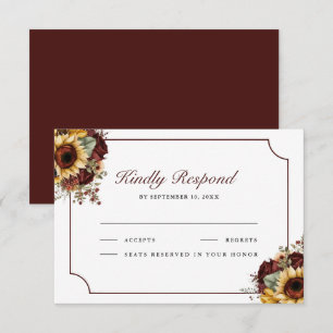 Burgunder Rosen Sonnenblumen Hochzeit RSVP Karte