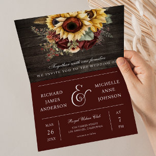 Burgunder Rosen Sonnenblumen Holz QR Code Hochzeit Einladung