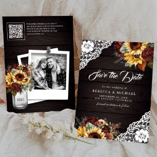 Burgunder-Rosen-Sonnenblumen-Holz-QR-Code-Hochzeit Save The Date