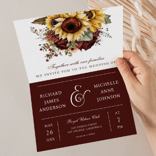 Burgunder Rosen Sonnenblumen QR-Code Hochzeit Einladung