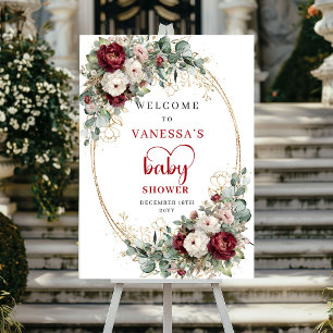 Burgunder-Rot Florales Gold Babyshower Willkommen Poster
