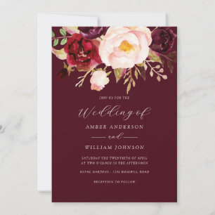 Burgunder-Rot-Hochzeit Floral  Einladung