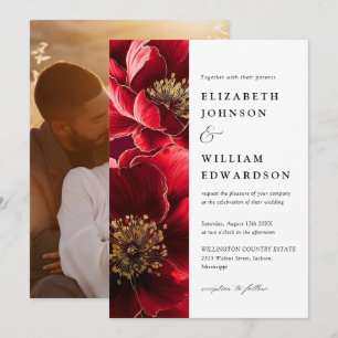Burgunder Rot und Gold Elegantes Foto Hochzeit Einladung