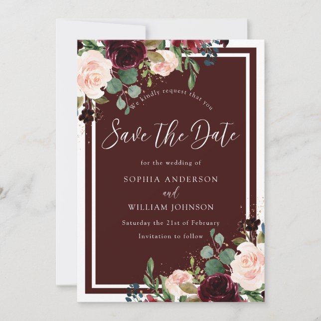 Burgunder Roter Wein & Blush Blume Hochzeit Save The Date (Vorderseite)
