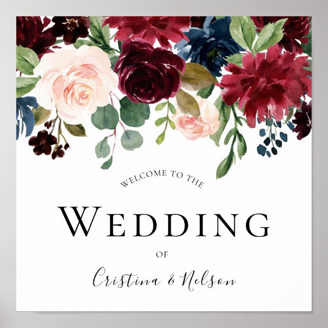 Burgunder Roter Wein Willkommen bei der Hochzeit d Poster (Vorne)