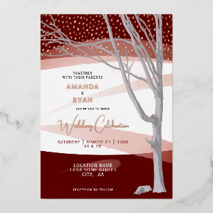 Burgunder-Rustikale-Winterbaum-Aquarell-Hochzeit Folieneinladung