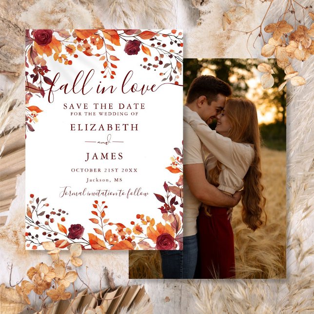 Burgunder Rustikaler Herbst Herbst Foto Hochzeit Save The Date (Burgundy Rustic Fall Autumn Photo Wedding Save The Date)