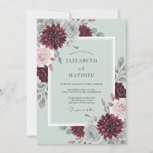 Burgunder-Salbei-Grün-Blühende-Herbst-Hochzeit Einladung