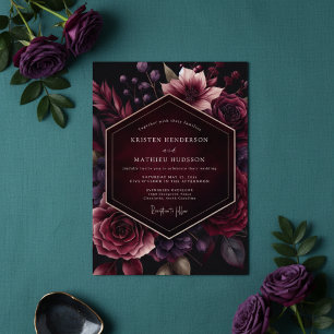 Burgunder Samt-Blüten Eleganz Hochzeit Einladung
