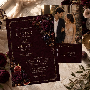 Burgunder Samt Gold Blumen QR Code Hochzeit Einladung
