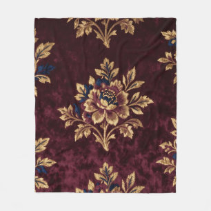 Burgunder Samt-Pfingstrose Gold-Stickerei Blumen-  Fleecedecke