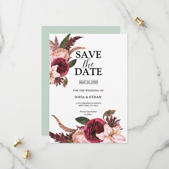 Burgunder-Sangria-Hochzeit Save the Dates Date (Vorderseite/Rückseite Beispiel)