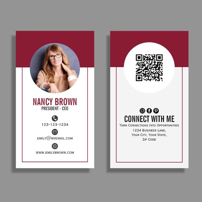 Burgunder-Schimmer-Foto-QR-Code Verbinde dich mit  Visitenkarte (Burgundy blush QR code photo design with clean layout—bold, modern, and perfect for networking.)