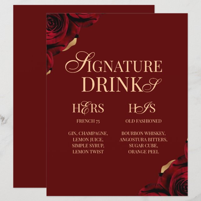 Burgunder Signature Drink Hochzeitsbar Schild (Vorne/Hinten)