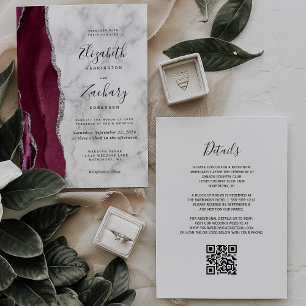Burgunder Silber Achat Murmel QR Code Hochzeit Einladung