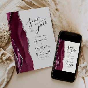 Burgunder Silber-Achat-Schrift Save-the-Date-Karte Ankündigung