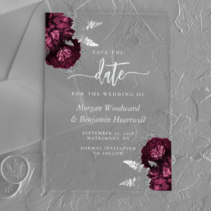Burgunder Silber Blumen Hochzeit Termin vormerken Acryleinladungen