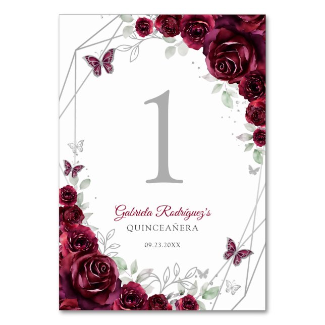 Burgunder Silber Blumen Quinceanera Tischnummer (Vorderseite)