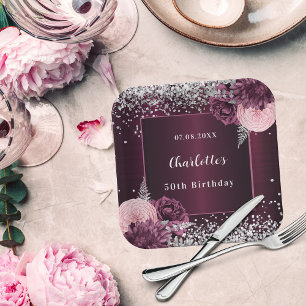 Burgunder Silberflorchen Geburtstag Pappteller