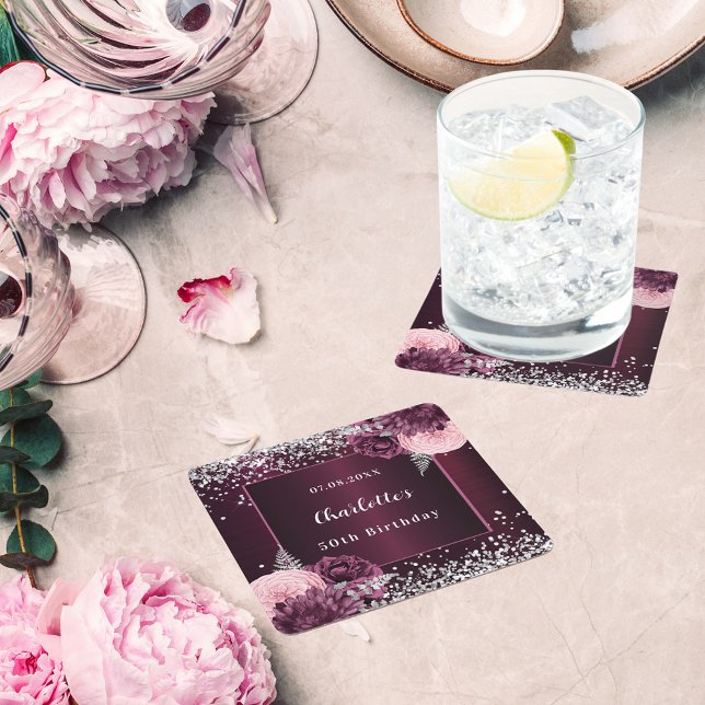 Burgunder Silberflorchen Geburtstag Rechteckiger Pappuntersetzer (Von Creator hochgeladen)