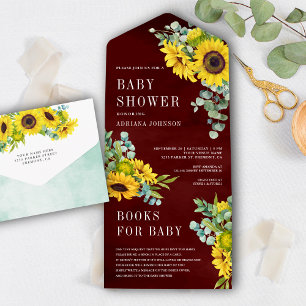 Burgunder-Sonnenblumen Eukalyptusblätter Babyparty All In One Einladung
