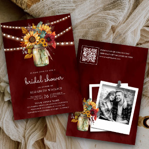Burgunder-Sonnenblumen Foto-QR-Code Brautparty Einladung