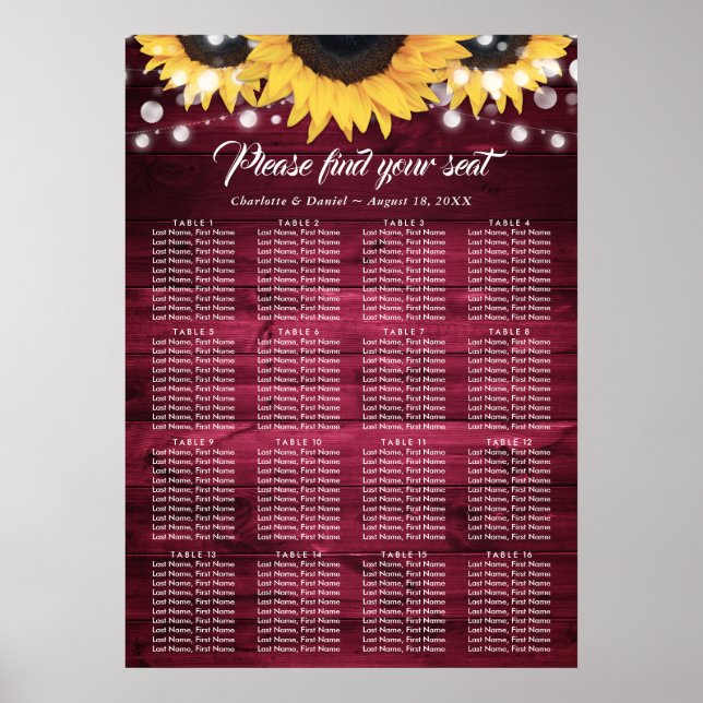 Burgunder-Sonnenblumen-Hochzeitstischplan 16 Poste Poster (Vorne)