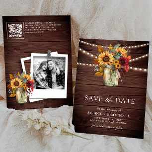 Burgunder Sonnenblumen Holz QR Code Hochzeitsfoto Save The Date