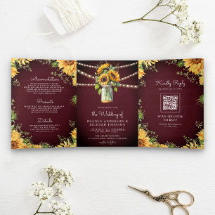 Burgunder-Sonnenblumen-Mason-Glas-QR-Code-Hochzeit Dreifach Gefaltete Einladung