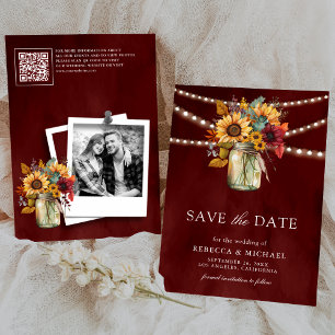 Burgunder-Sonnenblumen QR-Code Hochzeitsfoto Save The Date
