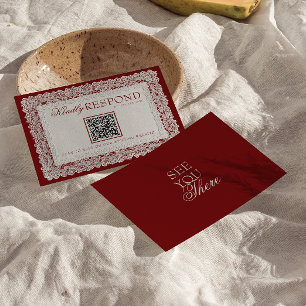 Burgunder-Spitzen-Doily-Old-Money-QR-Code-Hochzeit RSVP Karte