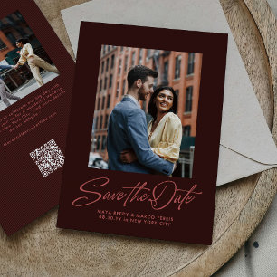 Burgunder stilvolle Schrift zwei Foto Hochzeit Save The Date