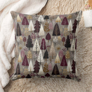 Burgunder-Taupe-Folk-Art-Winterwald Kissen