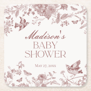 Burgunder Toile De Jouy Vintage Blumen Baby Shower Rechteckiger Pappuntersetzer