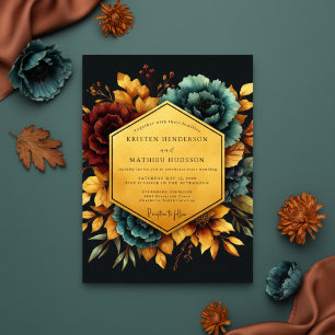 Burgunder Türkis Florales Nocturne Hochzeit Einladung