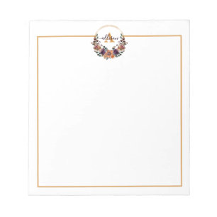 Burgunder- und goldene Blumeneinfassung personalis Notizblock