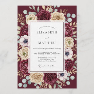 Burgunder üppige Floral Romance-Hochzeit Einladung
