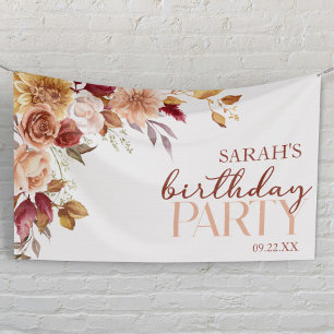 Burgunder Verbrannte Orange Florale Geburtstagsfei Banner