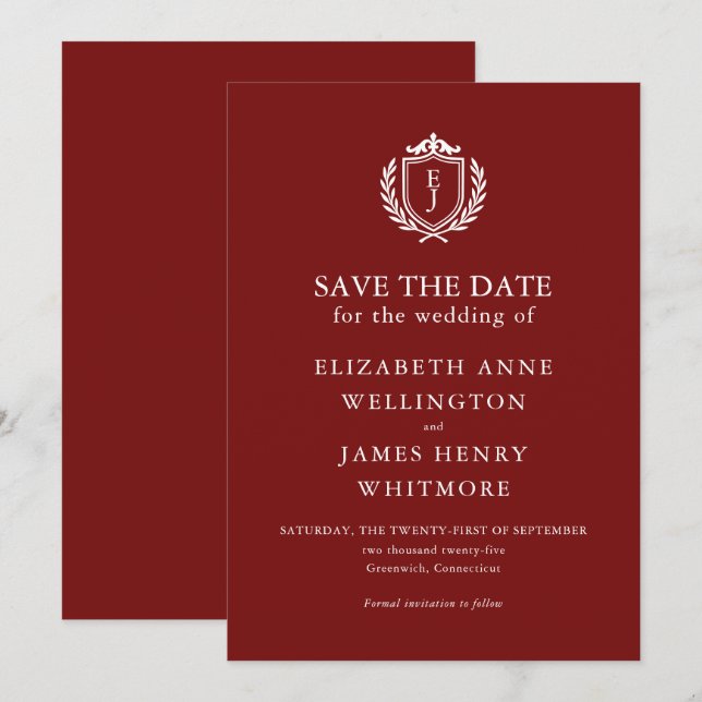 Burgunder Wappen Hochzeit individuelle Initialen Save The Date (Vorne/Hinten)