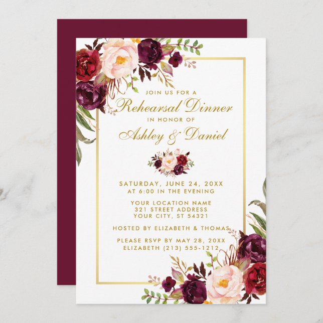 Burgunder Wasserfarbe Probe Abendessen mit florale Einladung (Vorne/Hinten)