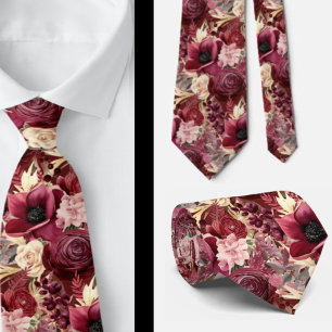 Burgunder-Wein-Boho-Aquarell-Blumen Krawatte