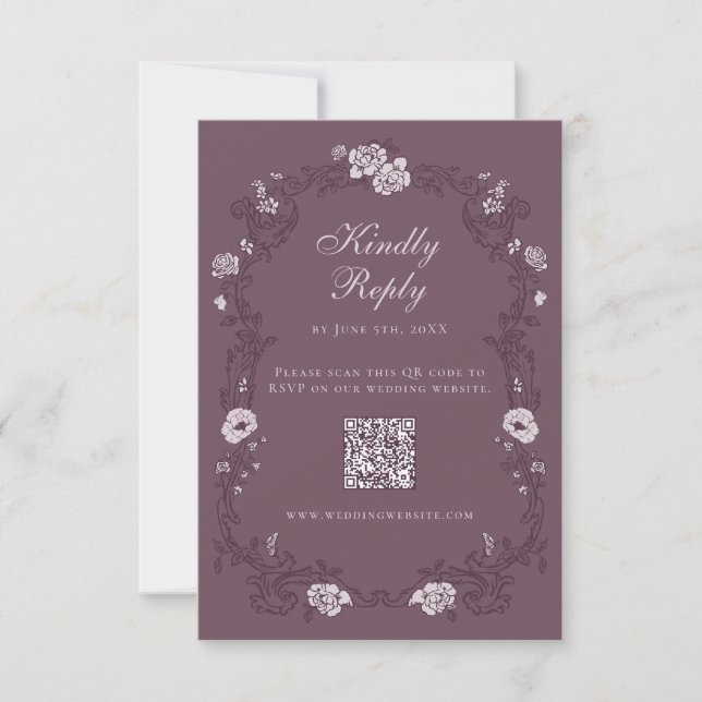 Burgunder-Wein-Jahrgangs-Blumen-QR-Code RSVP Karte (Vorderseite)