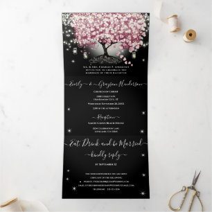 Burgunder-Weinrot und Rosa Herzblatt-Baum-Hochzeit Dreifach Gefaltete Einladung