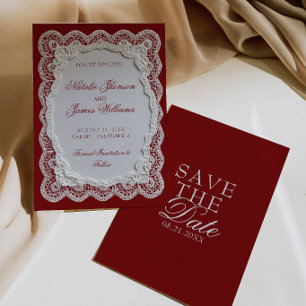Burgunder Weiße Papier-Spitzen-Doily Hochzeit im a Save The Date