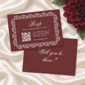 Burgunder Weißspitzen-Rahmen QR-Code Hochzeit RSVP Karte