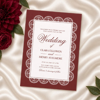 Burgunder Weißspitzenrahmen Vintage-Hochzeit Einladung