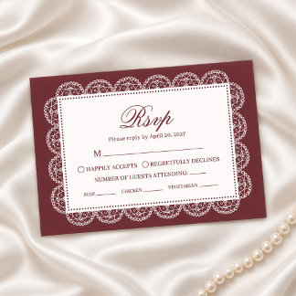 Burgunder Weißspitzenrahmen Vintage Hochzeit RSVP Karte